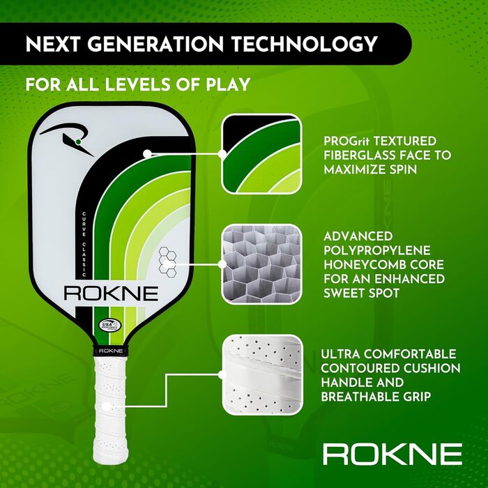Професійна ракетка для піклболу ROKNE Curve Classic з фіброволокна, USAPA сертифікована, ProGrit текстура для максимального спіну і потужності, з чохлом (лаймова)