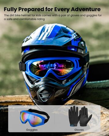 Дитячий мотоциклетний шолом ILM Motocross з окулярами та рукавичками, ECE сертифікований (S, Синій/Срібний)