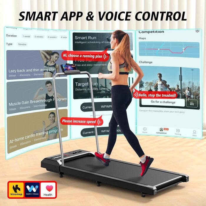 Walking Pad Treadmill Cardirun з нахилом та ручками: компактний біговий тренажер 2-в-1 для дому, 2.5HP, до 136 кг, LED-дисплей, керування через додаток/пульт, чорний з підлокітниками