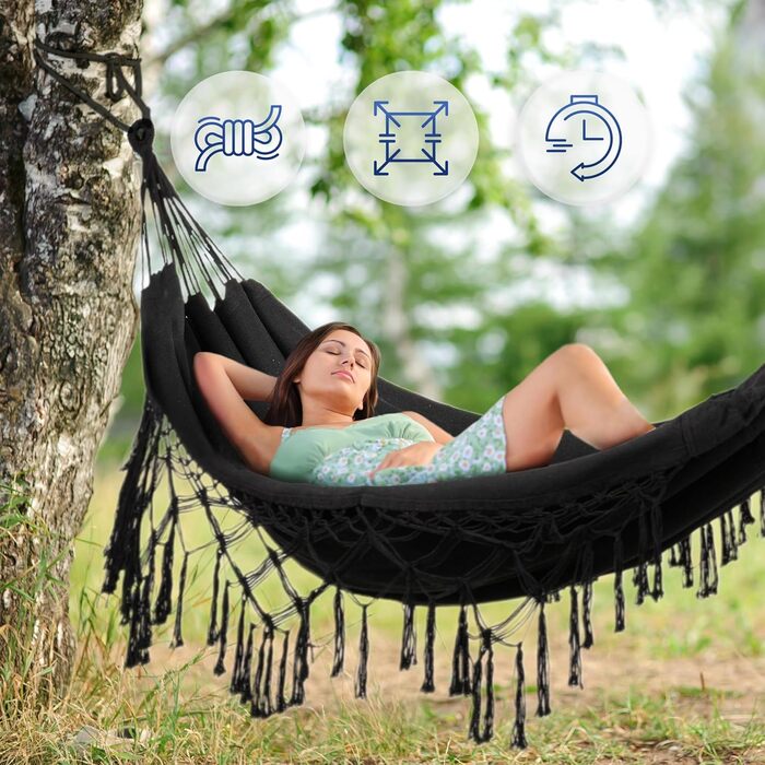 Гамак подвійний 200x150 см, бавовна, до 200 кг, Boho стиль, для саду, балкону, тераси, чорний