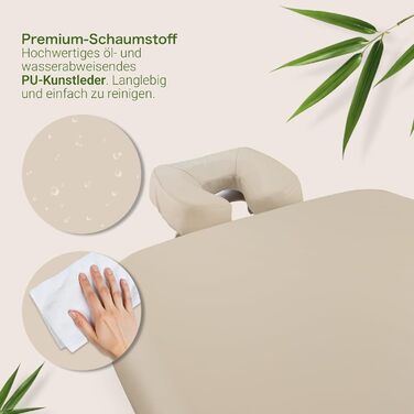 Масажне ліжко MASSUNDA Mobile Comfort Deluxe – розкладне, регульоване по висоті, широке, з дерев'яною основою, з підголовником, підлокітниками, подушкою (кремовий)