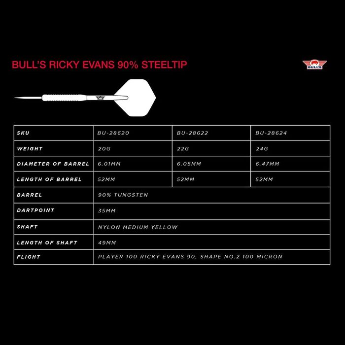 Дротики BULL'S Ricky Evans, сталь, 90% вольфрам, 22 г, професійні дротики для дартсу