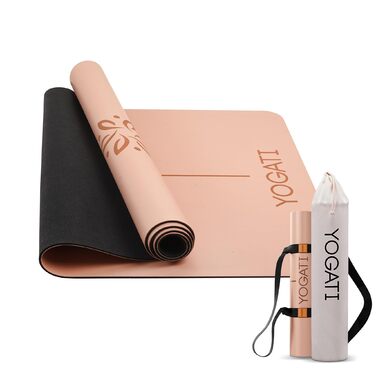 Протиковзкий килимок для йоги та фітнесу YOGATI з натурального каучуку, великий килимок для пілатесу та тренувань з розміткою та сумкою, коричневий