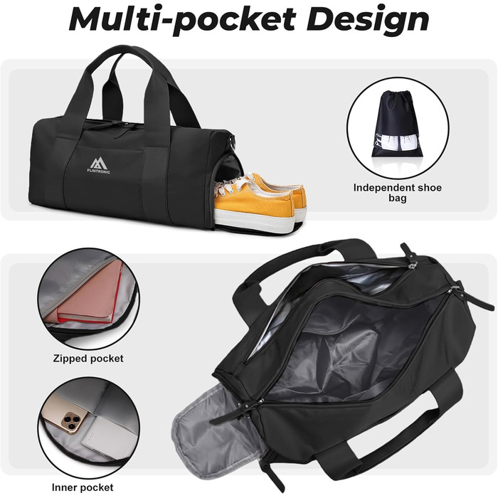 Спортивна сумка Flintronic для дівчат та жінок, маленька сумка для плавання та фітнесу з відділенням для взуття та вологостійкою кишенею (Чорна, 44 x 20 x 20 см)