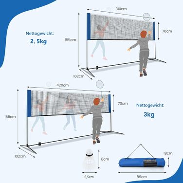 Сітка для бадмінтону GOPLUS зі стійкою, регульована по висоті 89-155 см, з сумкою та 2 воланами, для бадмінтону, тенісу, волейболу, для залу та вулиці, 420 см