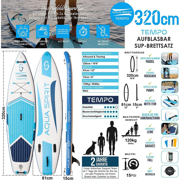 Надувний SUP Борд Aqua Spirit 2025 | Комплект з веслом, рюкзаком та насосом | 320x81x15/457x91x15 см