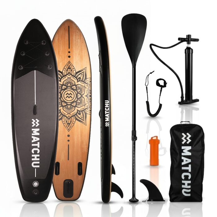 SUP дошка Matchu Komplettset – Дошка для Stand Up Paddling (SAP) – Чорна, 320x81x15 см, до 150 кг, антиковзке покриття, дерев'яний дек/мандала