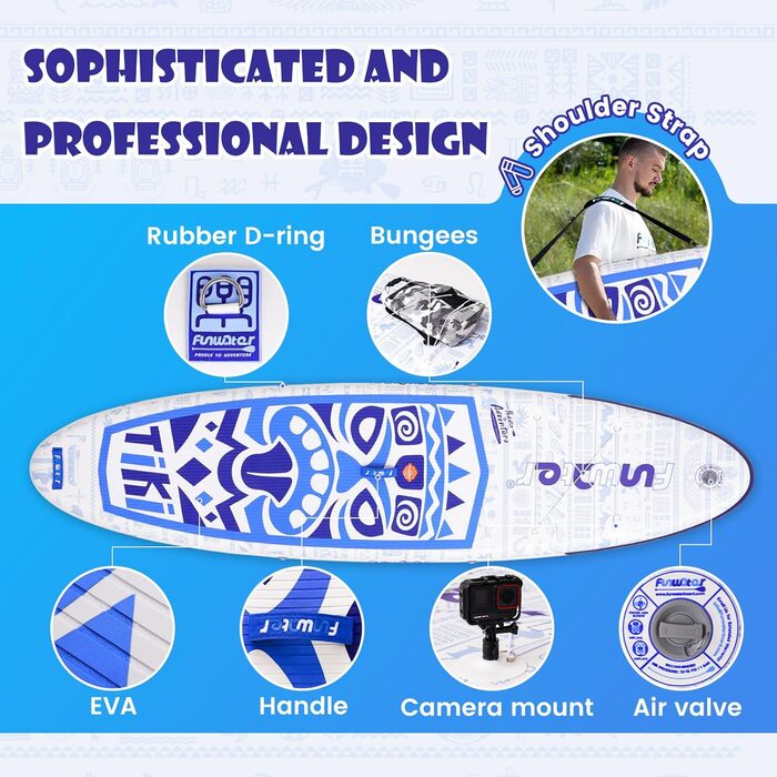 Надувний SUP Борд FunWater 10'6'–11'6' для всіх рівнів підготовки, з антиковзким EVA-деком, веслом, насосом та аксесуарами. Колір: блакитний/білий