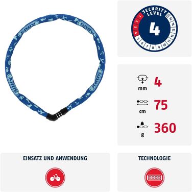 Дитячий ланцюговий замок на кодовий замок ABUS Steel-O-Chain 4804C SYMBOLS, синій, 75 см, рівень безпеки 4