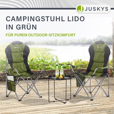 Крісло для кемпінгу Juskys Lido складне з підстаканником, кишенею та сумкою - зручне крісло для відпочинку на природі з підлокітниками та спинкою, 4 кольори (зелений)
