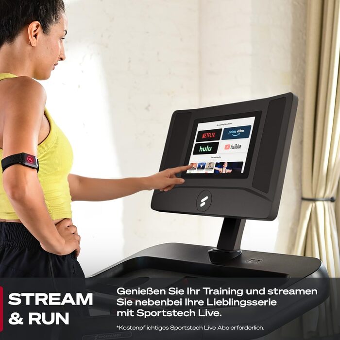 Біговий тренажер Sportstech sTread Pro/Lite – складаний, до 20 км/год, нахил 12%, вантажопідйомність 150 кг, LED-дисплей, сумісність з додатком, тихий 7PS двигун, велика бігова поверхня (sTread Pro 10.1')