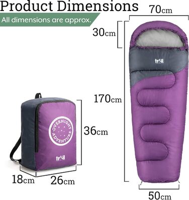 Дитячий спальний мішок Trail Mumienschlafsack 3 сезони для кемпінгу – 300gsm – для хлопчиків та дівчаток – з легким рюкзаком (фіолетовий)