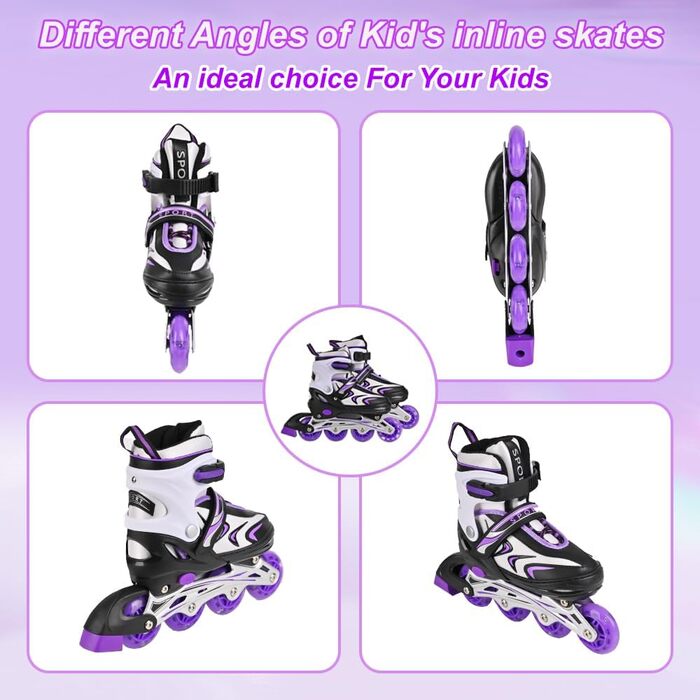 Регульовані дитячі ролики для хлопчиків та дівчаток, ролики для дітей, ролики для хлопчиків та дівчаток, ролики для маленьких дітей, ролики для занять на відкритому повітрі та в приміщенні (чорний, фіолетовий, розмір L)