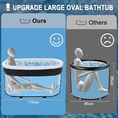 Еліптична ванна для льодяного душу з кришкою, складана ванна KISKVV для дорослих, ізольована ємність для льодяної терапії (115x55x57 см)