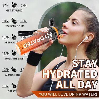 Спортивна пляшка для води з позначеннями часу, 1000 мл, Tritan, без BPA, вихідний колір - Sunset Orange