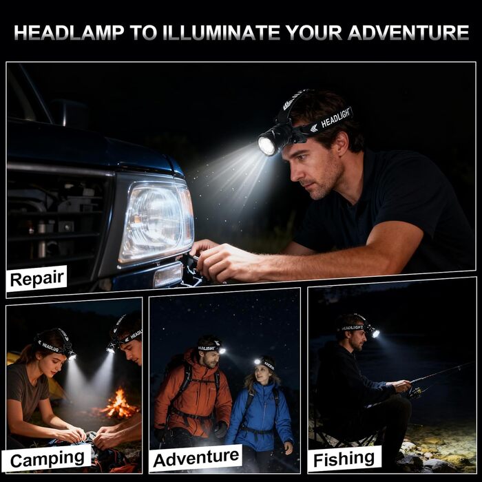 Ліхтар налобний Spardar 120000 люменів, 9000 mAh, IPX7, 7 режимів, для кемпінгу, полювання та бігу