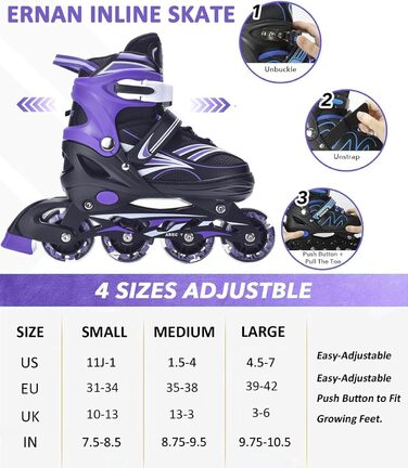 Дитячі ролики ERAN з регулюванням розміру. Роликові ковзани, регульовані на 4 розміри для дівчаток/хлопчиків/дітей, для використання в приміщенні та на вулиці, фіолетовий колір