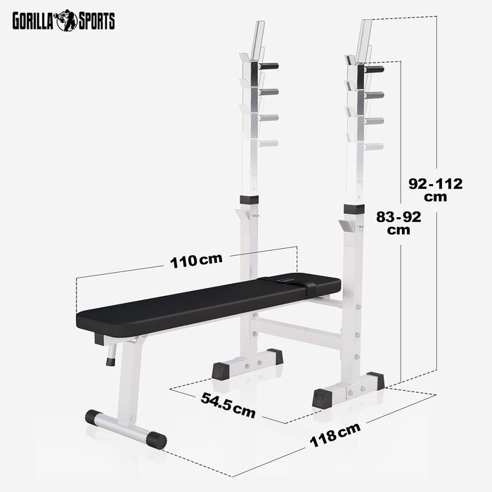 GORILLA SPORTS® Лава для жиму з підставкою, регульована висота і кут нахилу, складана, до 200 кг, чорна або біла, багатофункціональна тренувальна лава