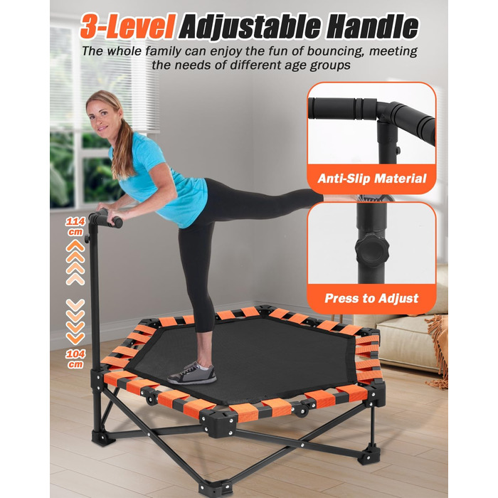Трамплін для фітнесу Ø106 см, складаний з регульованою штангою, вантажопідйомність 150 кг, без встановлення, стабільний та тихий, для дітей та дорослих
