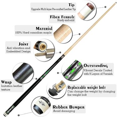 Професійний бильрд-кий для більярду з кейсом S7+ та аксесуарами, канадський клен, 13 мм наконечник, 147,3 см, вага 18-22 г, блакитний, чорний, червоний, сірий, зелений