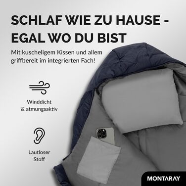 Спальний мішок MONTARAY® Mumienschlafsack для 3-4 сезонів, 8°C до -5°C, з подушкою, 80x220cm, блакитний, для жінок та чоловіків (теплий)