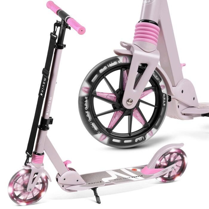 Електросамокат Movino City Light для дітей та підлітків, LED, 180мм колеса, амортизатор, регульований кермо, колір сіро-рожевий