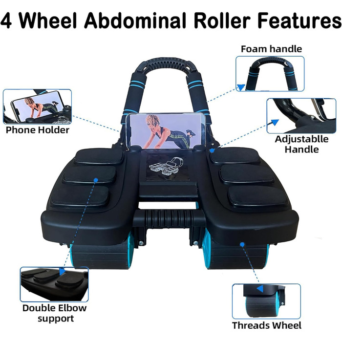 Аб'ютер (Ab Roller) для пресу з наколінником, автоматичний, 6 упорів для ліктів, 4 колеса, тренажер для пресу для дому
