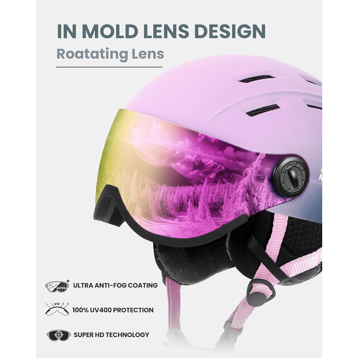 Шолом Outdooraster для сноуборду та лиж з маскою, захисний EPS, 14 вентиляційних отворів, для чоловіків, жінок та підлітків (рожево-фіолетовий градієнт, L)