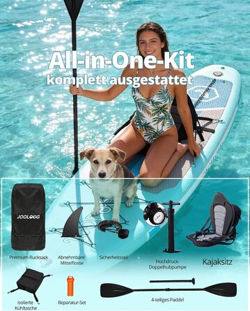 SUP дошка Premium Allround для початківців та досвідчених, з сидінням, до 200 кг, 320x81x15 см, м'ятно-бірюзово-біла + тримач для камери