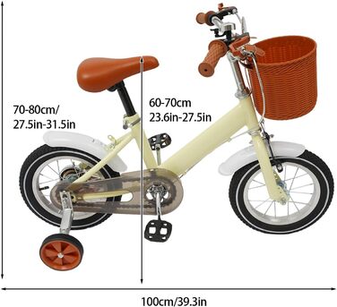 Дитячий велосипед 12 дюймів для дітей 2-4 років з кошиком та додатковими колесами, регульоване сидіння та кермо, подвійний режим гальма (жовтий)