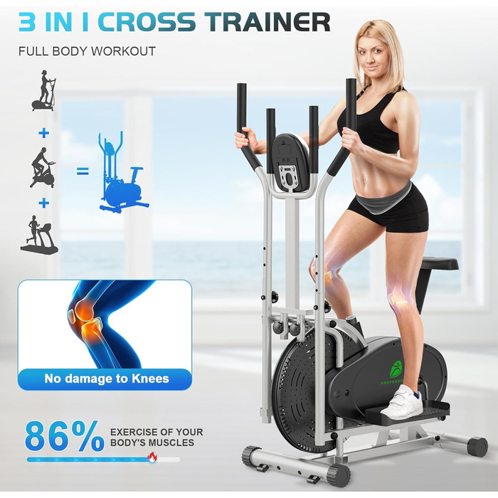 Еліптичний тренажер 2 в 1 для дому: крос-тренажер та фітнес-степер з LCD-монітором та регулюванням навантаження (срібний)