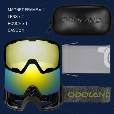 Одоланд Скі-маска сноуборд маска для жінок та чоловіків з 2 магнітними змінними лінзами та чохлом, проти запотівання, захист від УФ-випромінювання, сумісна зі шоломом для хлопчиків та жінок, чоловіків для сноубордингу та катання на лижах (Золотий (VLT 15%