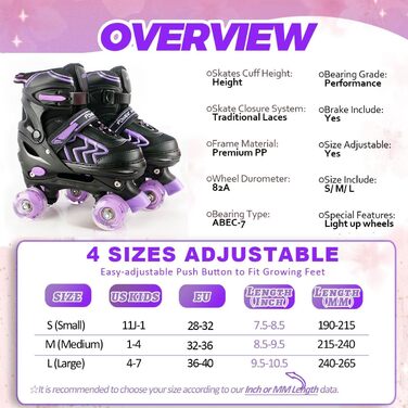 Дитячі ролики Kinder Quad для дівчаток та хлопчиків, 4 розміри, світлові колеса, для дому та вулиці (L, фіолетовий)
