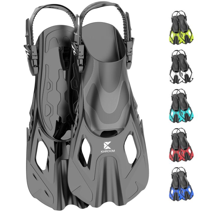 Ласти для снорклінгу Khroom регульовані, дорослі та дитячі L/XL (42-47) чорні | Короткі ласти для плавання, дайвінгу та басейну