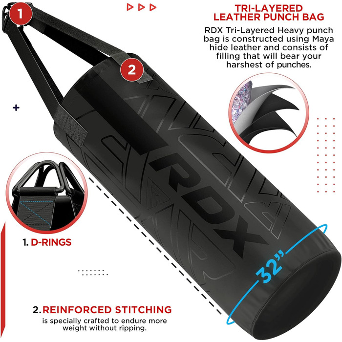 Боксерський мішок RDX 12 кг з рукавичками та мотузкою, 60 см, для дітей, чорний. Ідеально для боксу, кікбоксингу, MMA, муай-тай, карате. Боксерський мішок з натуральної шкіри Maya Hide.