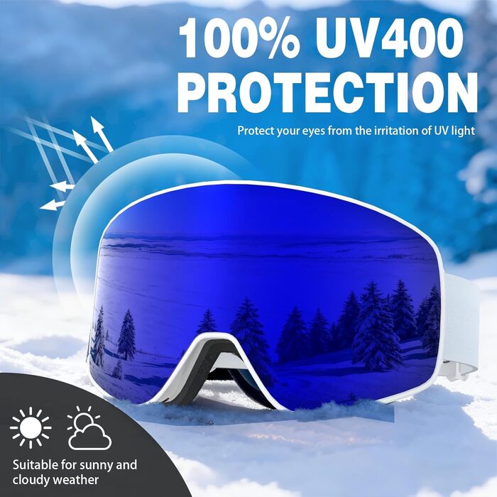 Скі-маска VCOROS з змінним склом, унісекс, захист від UV, проти запотівання, регульований ремінь, сноуборд маска 02-срібло/білий + лінза (VLT13 %) (05-REVO синій/білий + лінза (VLT19 %))