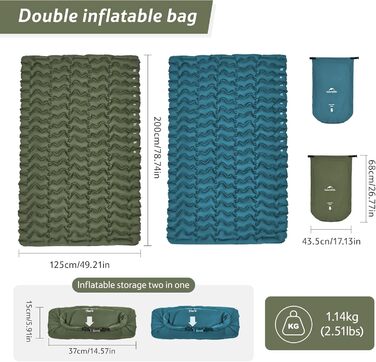Килимок для кемпінгу Naturehike, Ultraleichte, з інтегрованим насосом, для велосипедних походів, армійний зелений, двомісний