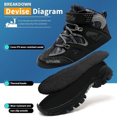 Дитячі зимові черевики Elaphurus: теплі, зручні для ходьби та трекінгу (40 EU, камуфляж чорний)