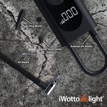 Портативний електричний компресор iWotto з LCD-дисплеєм, LED-ліхтарем, Powerbank для авто, мотоцикла, велосипеда і м'ячів