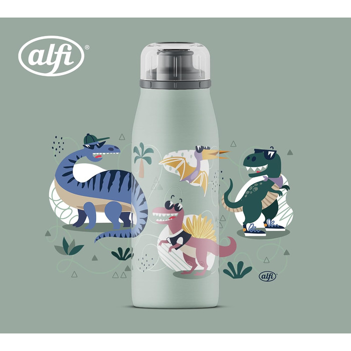 Дитяча термобутилка alfi KIDS ISO 350 мл, зелена з динозаврами, з нержавіючої сталі, ізольована, герметична, з гвинтовою кришкою, зберігає тепло 12 годин, холод 24 години, підходить для газованих напоїв, BPA-free
