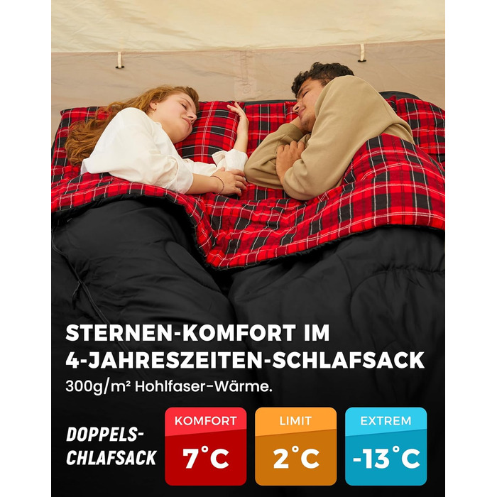 Спальний мішок KingCamp на 2 особи з фланнелю для зими, 3-4 сезони, з подушками, для кемпінгу та відпочинку на природі (чорний)
