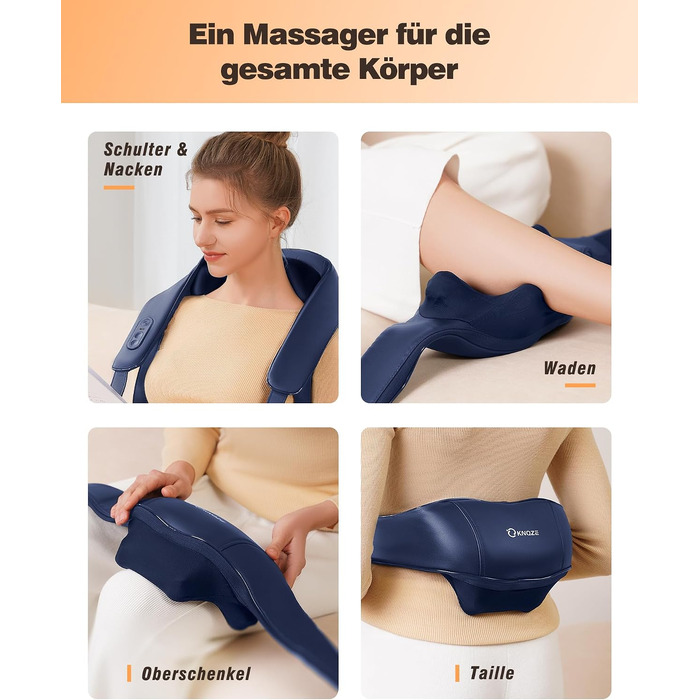 Бездротовий масажер для шиї та плечей KNQZE 4D Shiatsu з інфрачервоним підігрівом (графен), глибокий розминаючий масаж спини, синій