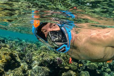 Маска для снорклінгу OCEAN REEF Aria QR з трубкою - повна маска для підводного плавання, 180° огляд (Medium/Large, блакитна)
