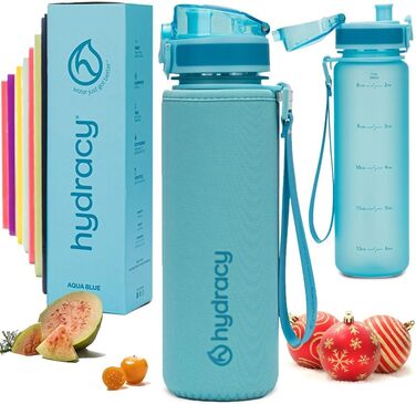 Водяна пляшка Hydracy 2L з соломкою та маркуванням часу - спортивна пляшка BPA-free, витокозахисна, без конденсату, для спорту та активного відпочинку (500 мл, швидке пиття, блакитний)