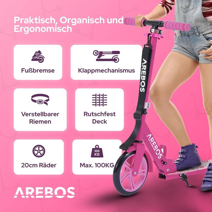 Самокат AREBOS Cityroller для дітей і дорослих, складаний, з регульованою висотою, XXL колесами, ременем для перенесення, гальмом, до 100 кг