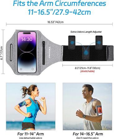 Чохол-тримач для телефону на руку Razobws для бігу з кишенею для навушників, сумісний з iPhone 17 16 15 14 13 12 11 Pro Max, Galaxy S24 S23 Ultra, чорний/сірий (до 6.8 дюймів)