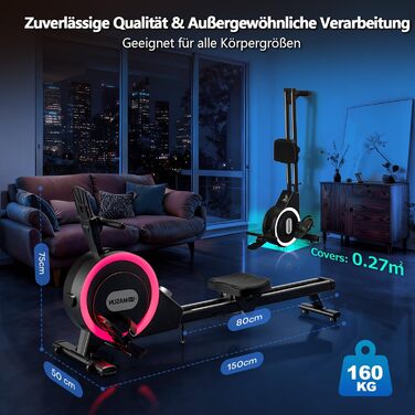 Гребний тренажер DMASUN для дому, [Нова модель 2026] з магнітною системою, покращені рейки подвійного ходу, тиха робота, 16/32 рівні опору, LCD-дисплей, до 160 кг, чорний