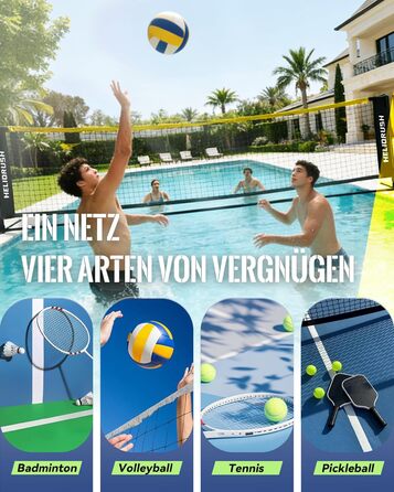 Мережа для бадмінтону та волейболу з регульованою висотою (3/4/5м) для саду, пляжу, басейну. Сталевий каркас, HDPE сітка. Чорно-жовта, 400 см