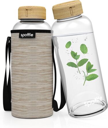 Скляна пляшка для води spottle 1,5 л з бамбуковою кришкою, широка горловина, підходить для газованої води, бежевий меланж, можна мити в посудомийній машині