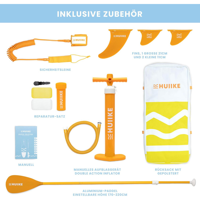 Надувний SUP-борд HUIIKE Stand Up Paddling Board з аксесуарами: весло, фіни, насос. Стабільний та міцний надувний SUP-борд 305x84x15 см, до 130 кг (Enjoyer Yellow - Essential)